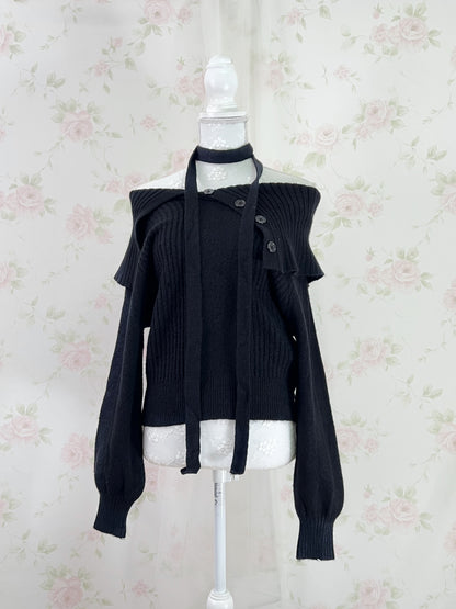 Off Shoulder With Scarf Knit Top (Black)