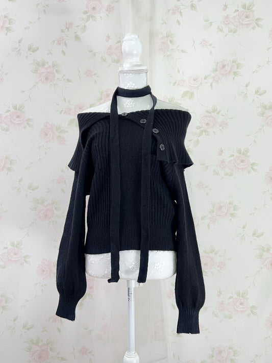 Off Shoulder With Scarf Knit Top (Black)