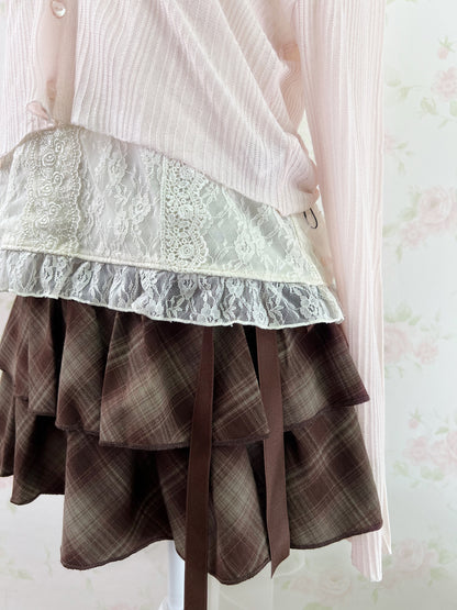 Side Bow Checked Shoujo Mini Skirt (Brown)