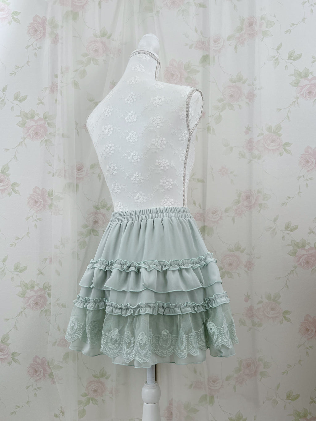 axes femme Lace Hem Chiffon Skirt (Mint Green)