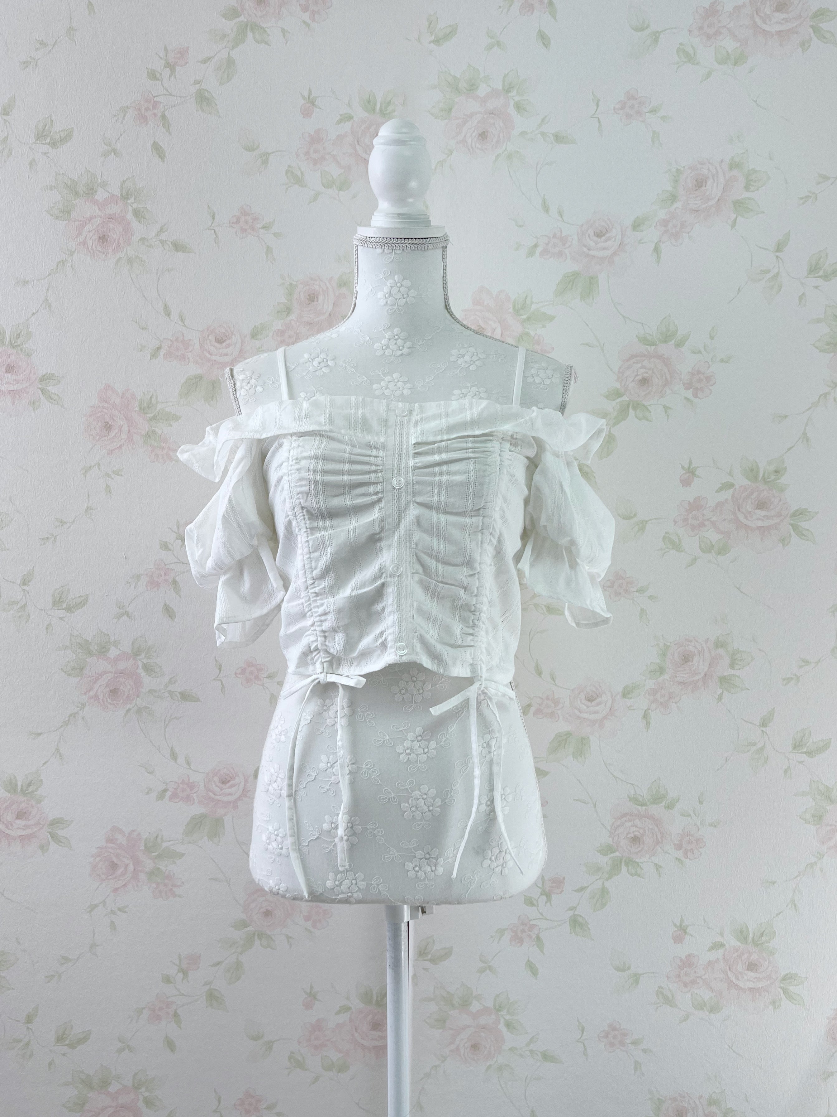 Puff Sleeve Off Shoulder Cotton Blouse (White)