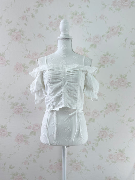 GRL Puff Sleeve Off Shoulder Cotton Blouse (White)