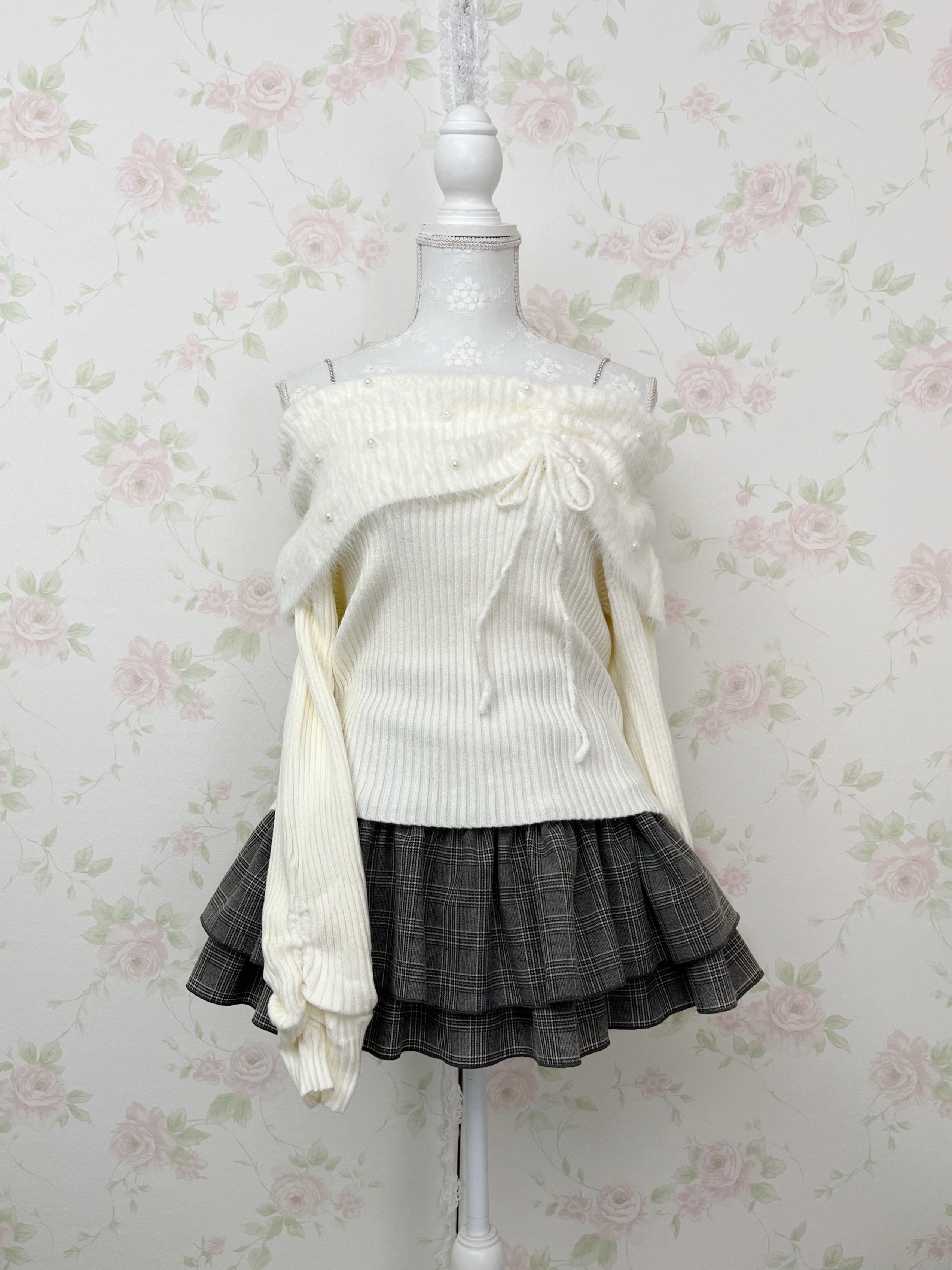 one after another NICE CLAUP Off Shoulder Pearl Sweater (Ivory)