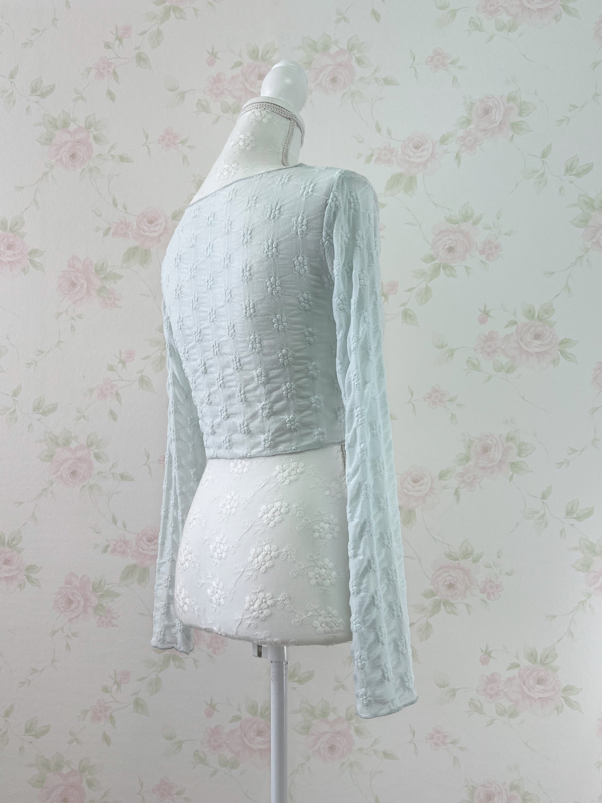 Floral Embroidery Ribbon Cardigan (Mint Blue)
