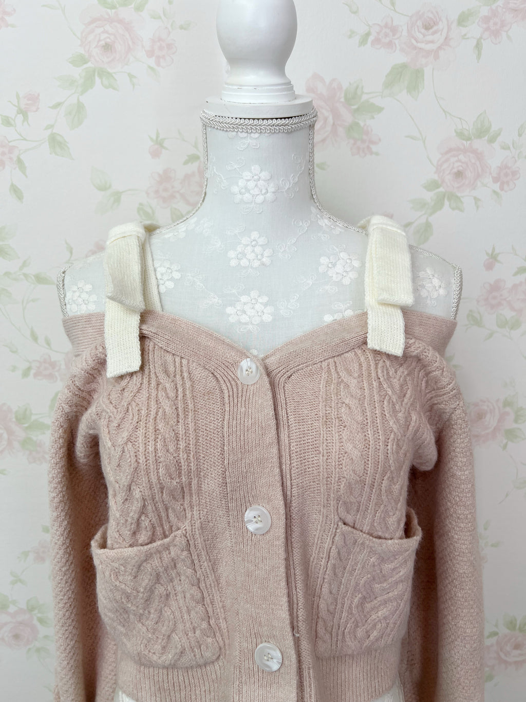 Ribbon 2 Way Shoulder Cardigan (Pink)