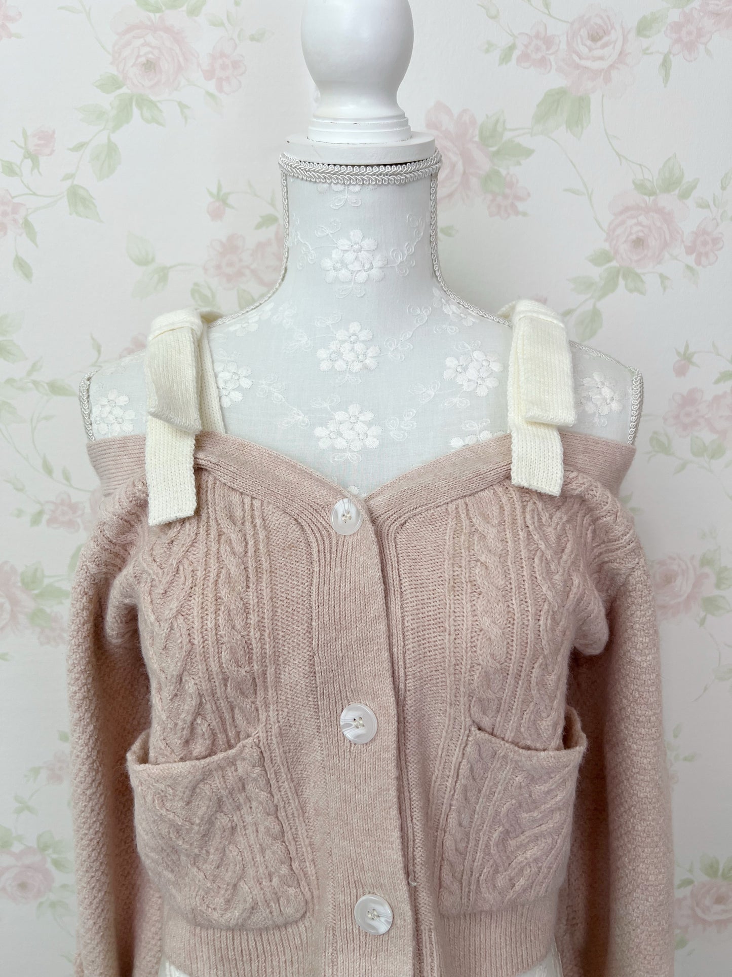 Ribbon 2 Way Shoulder Cardigan (Pink)
