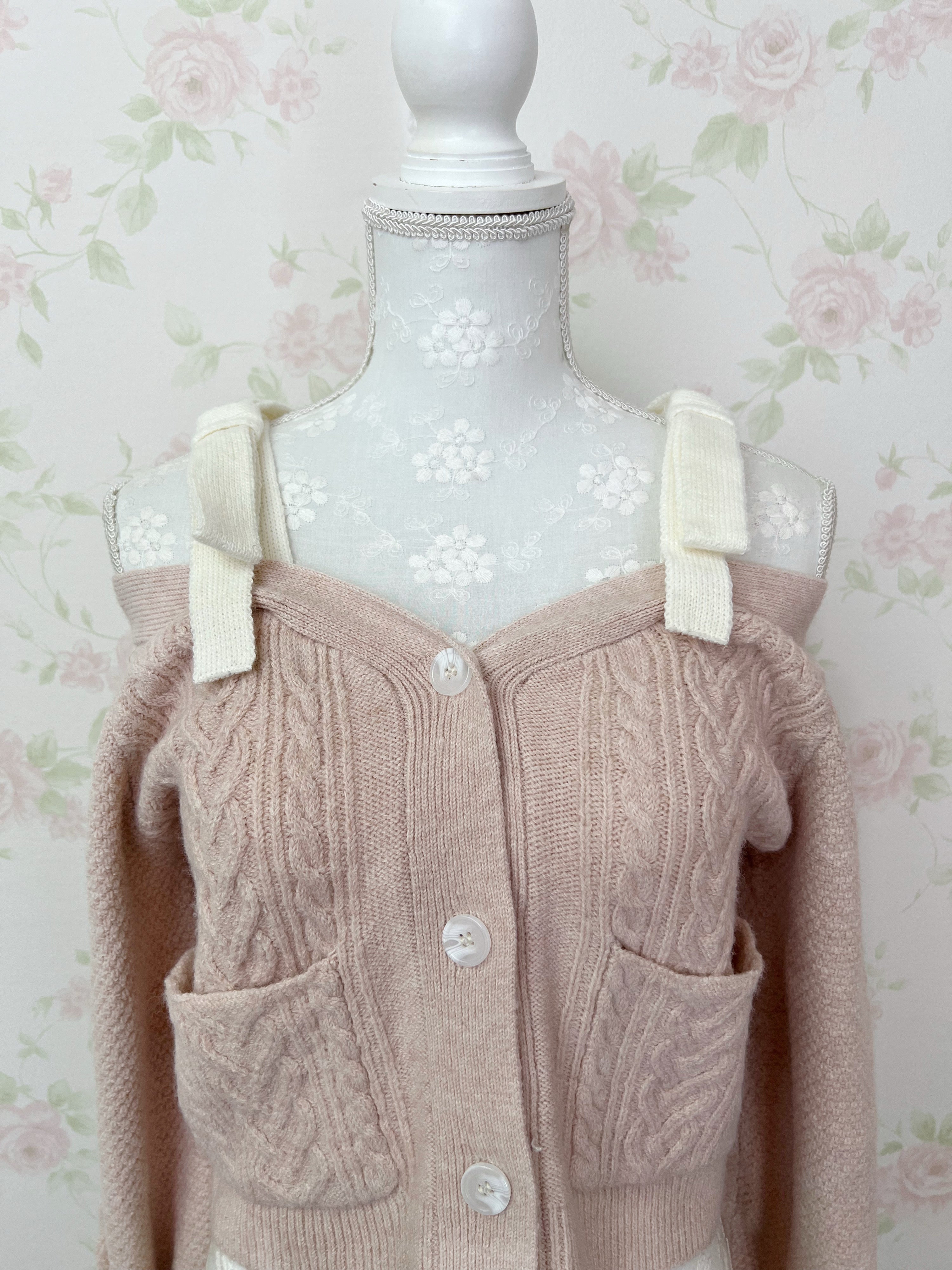 Ribbon 2 Way Shoulder Cardigan (Pink)