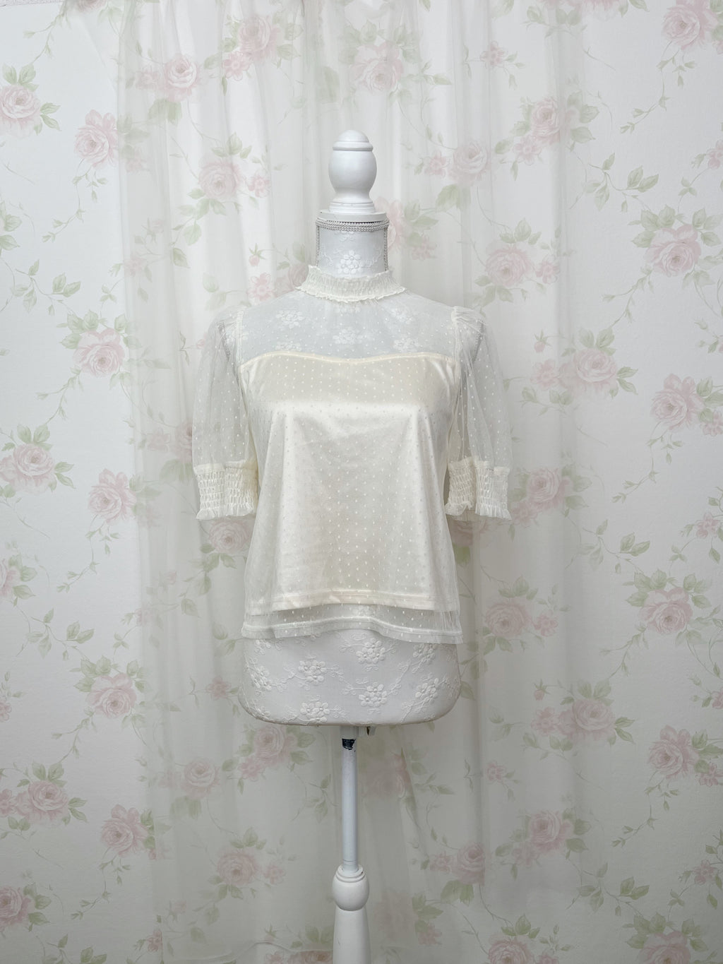 ROJITA Dot Tulle High Neck Top (Ivory)