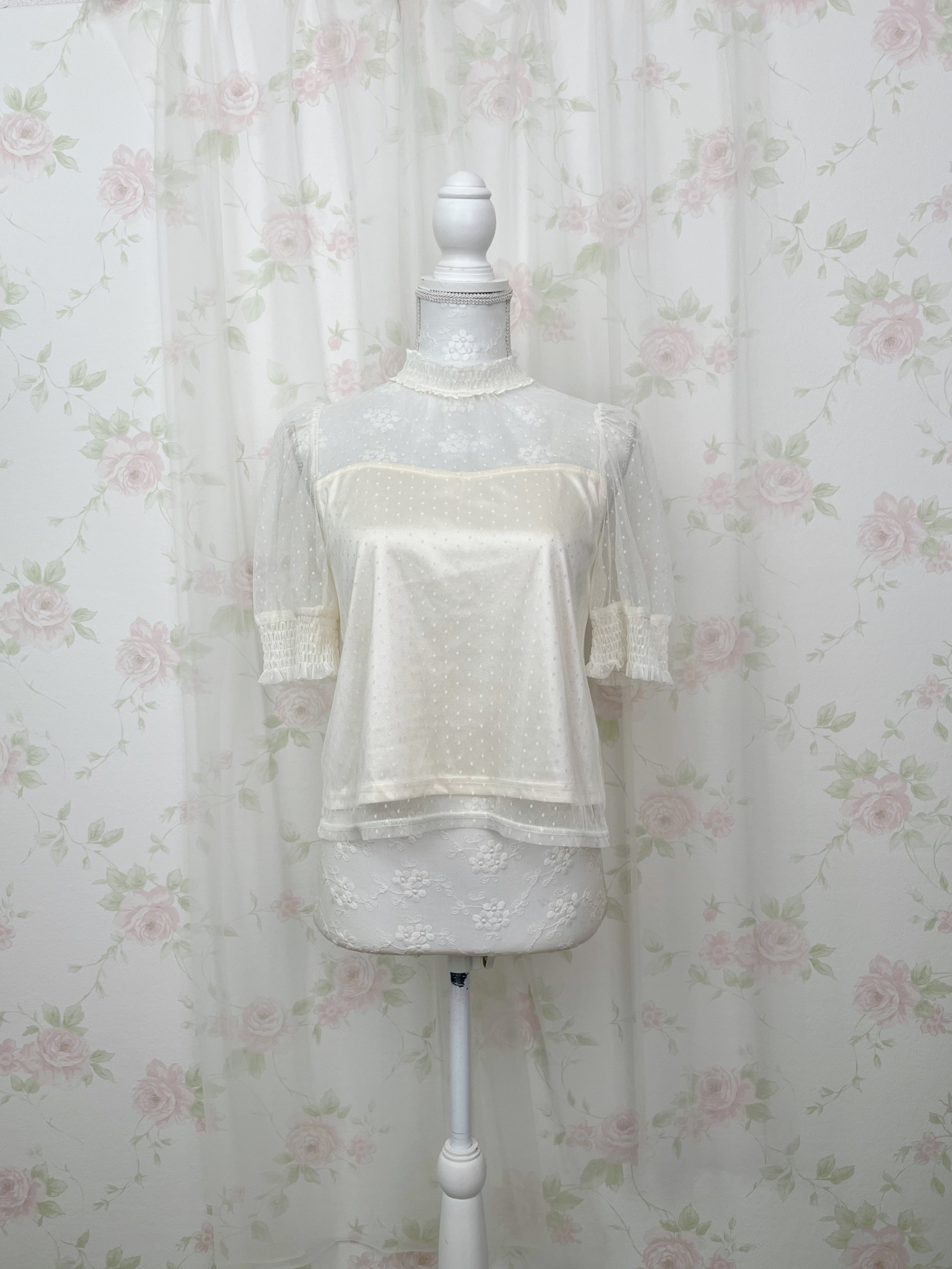 ROJITA Dot Tulle High Neck Top (Ivory)