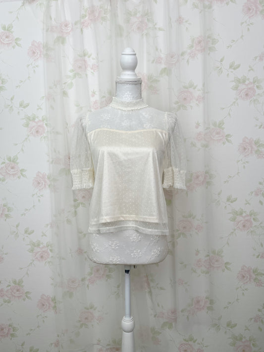 ROJITA Dot Tulle High Neck Top (Ivory)