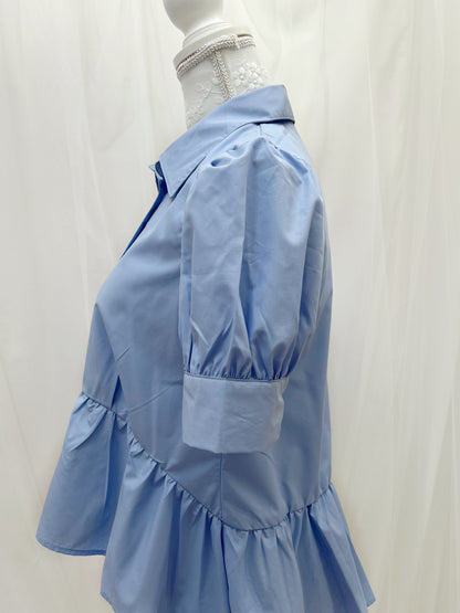 Peplum Puff Sleeved Blouse (Blue)