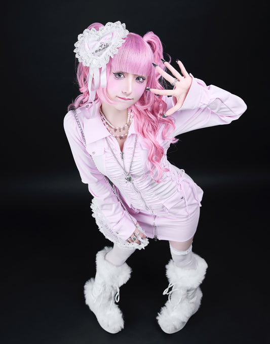 AVENCHUMU Zip-up shirt collar shirring one-piece