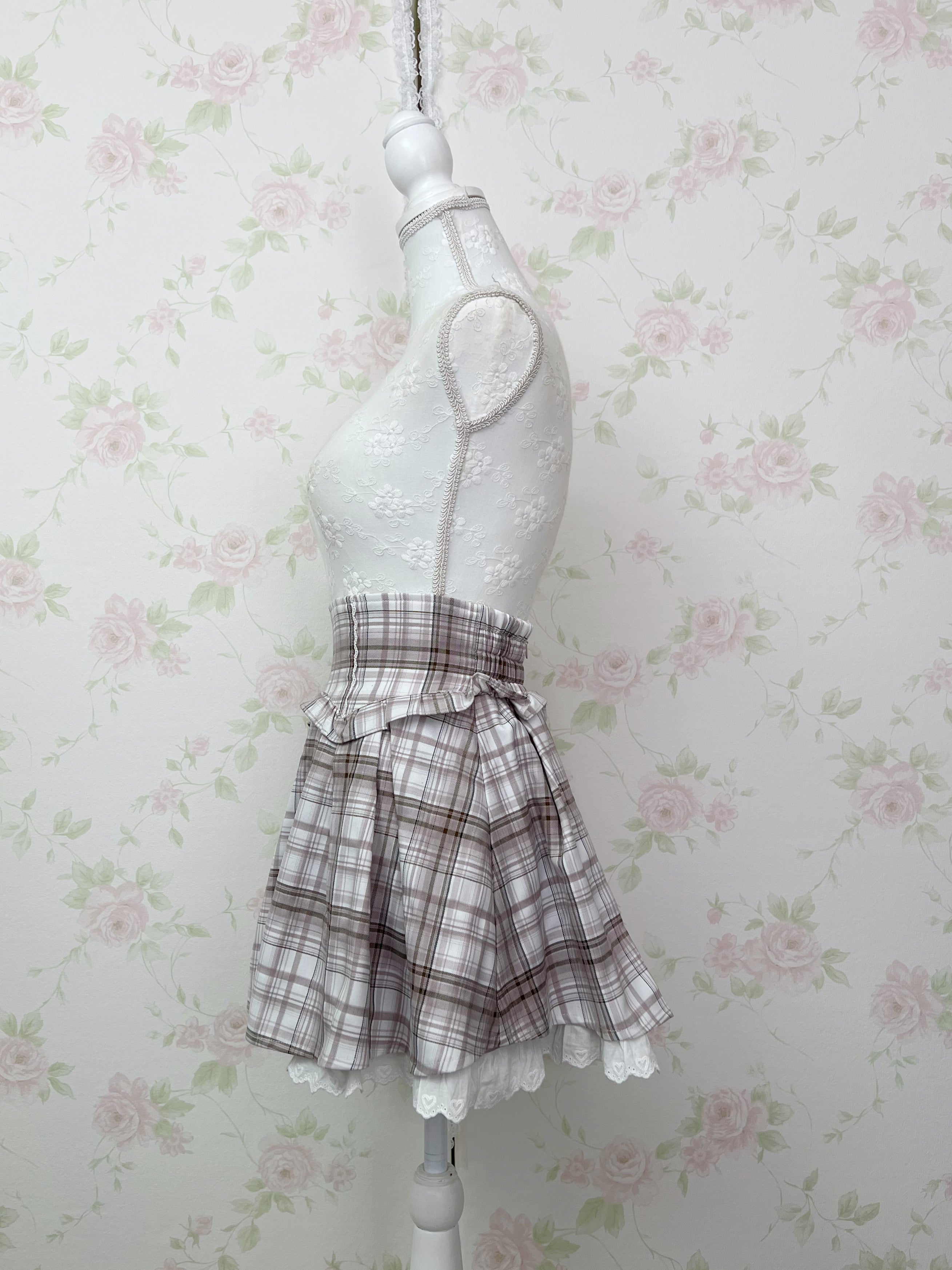 Pium Hem Lace Checked Skirt (Grayish Pink)