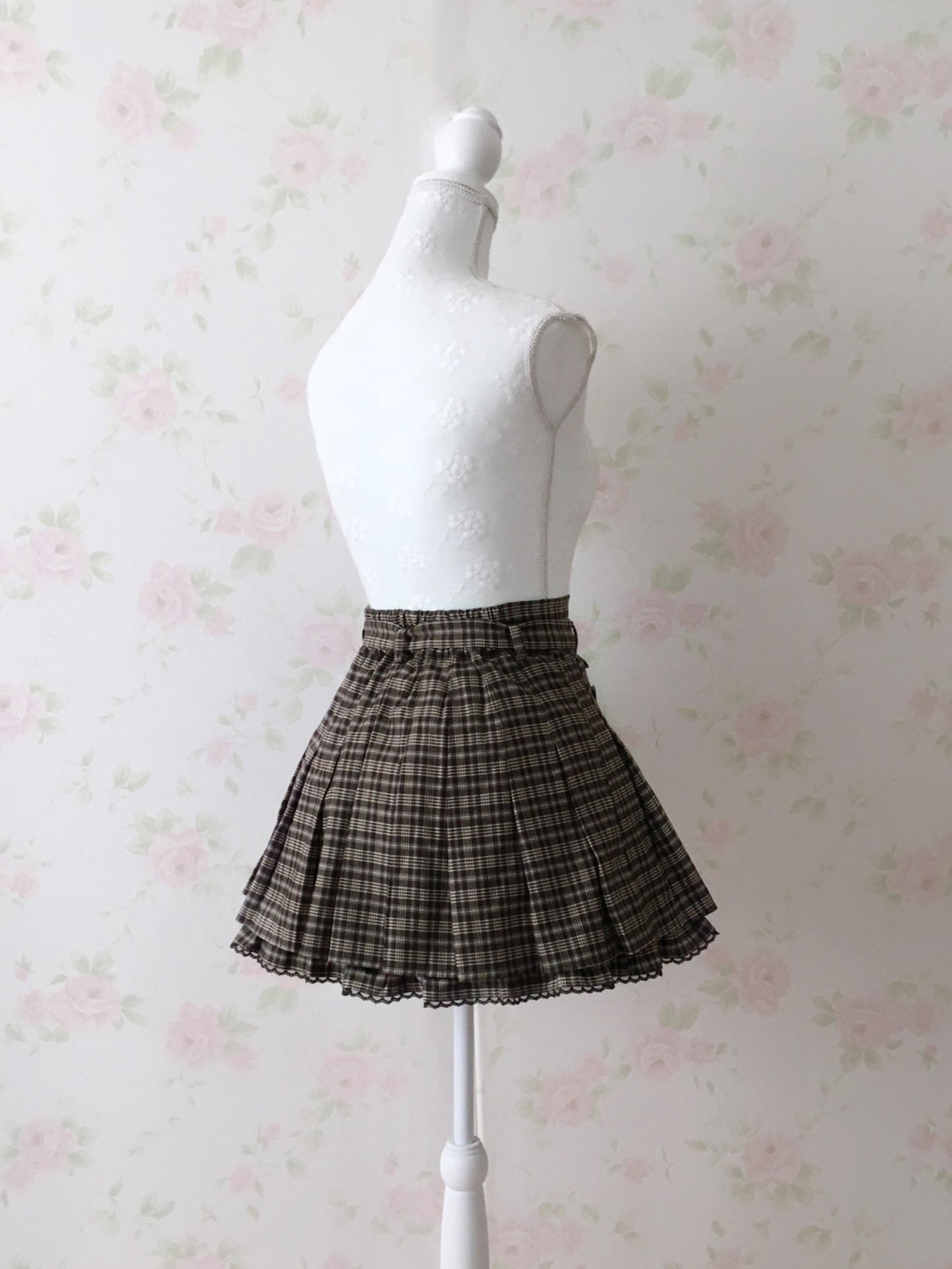 Honey Cinnamon Checked Belt Skirt (Brown)