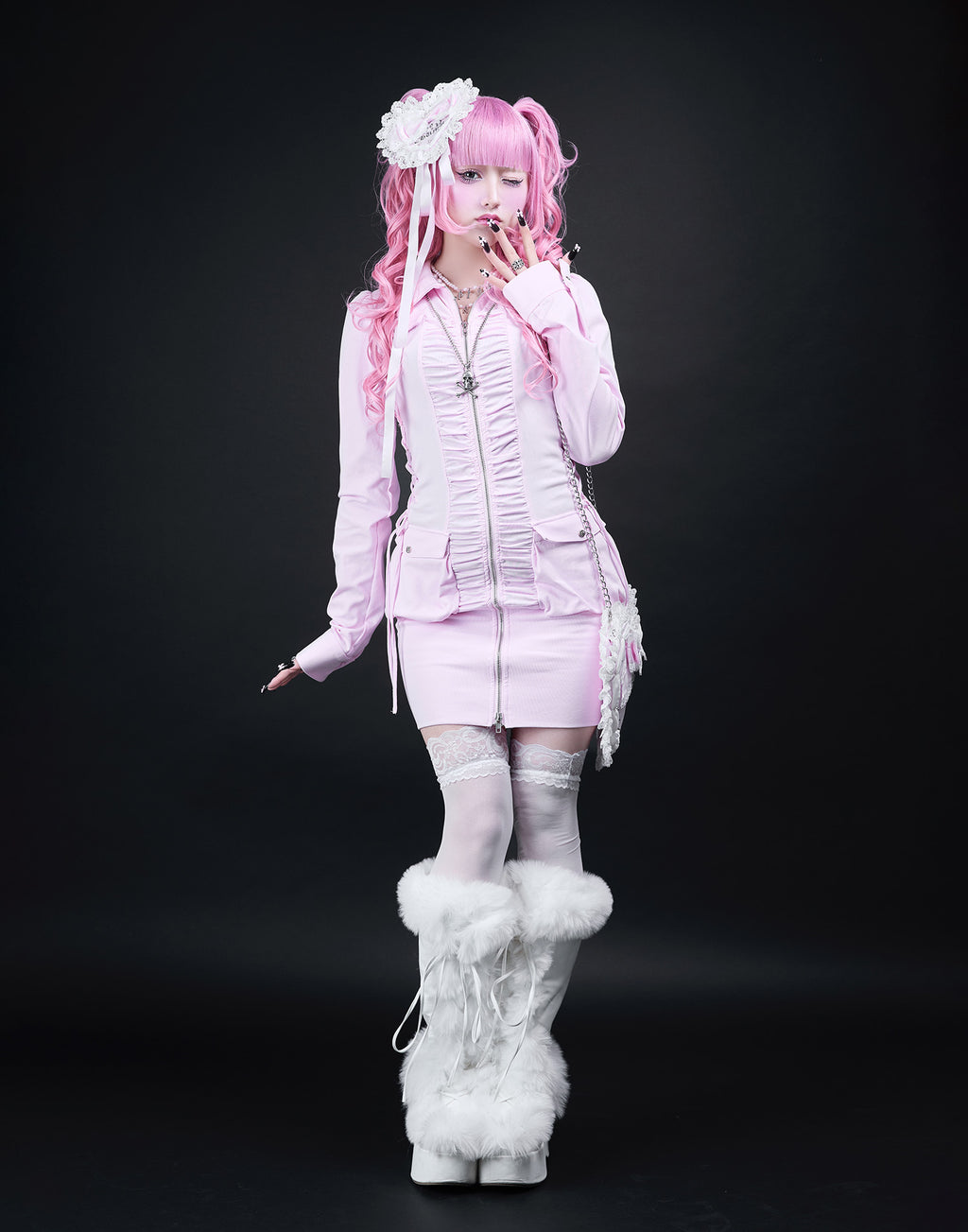 AVENCHUMU Zip-up shirt collar shirring one-piece