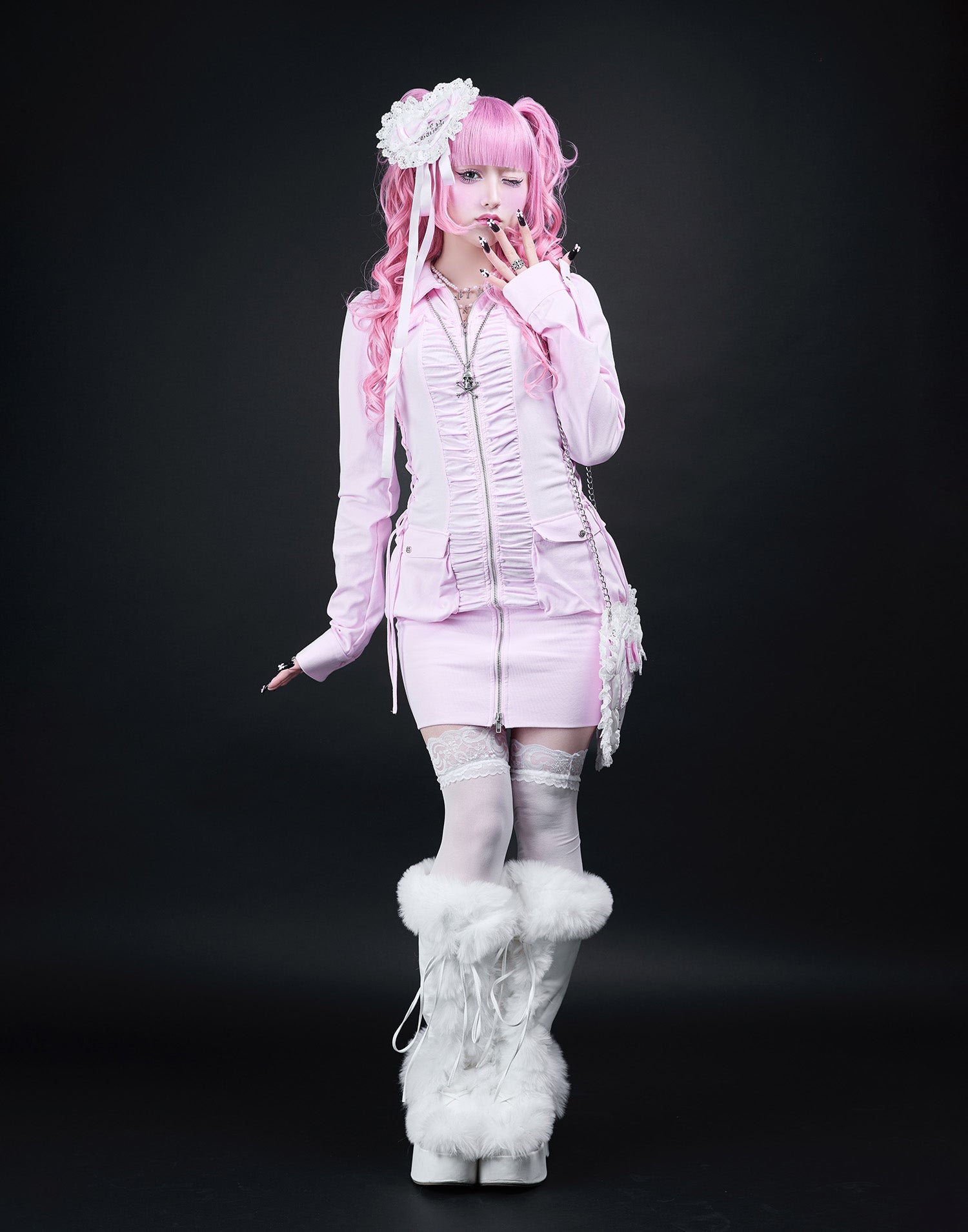 AVENCHUMU Zip-up shirt collar shirring one-piece