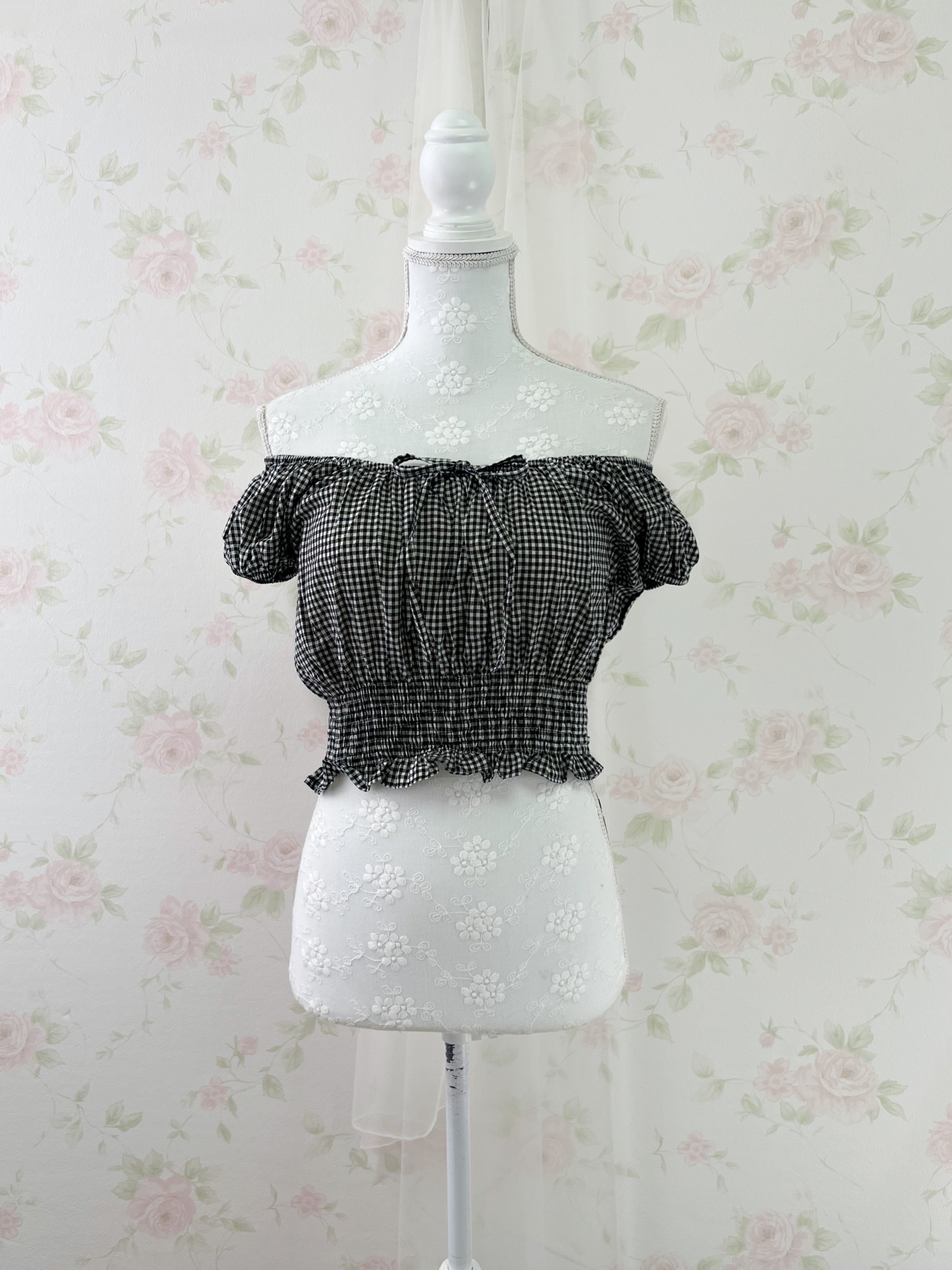 2 Way Gingham Checked Cotton Blouse (Black)