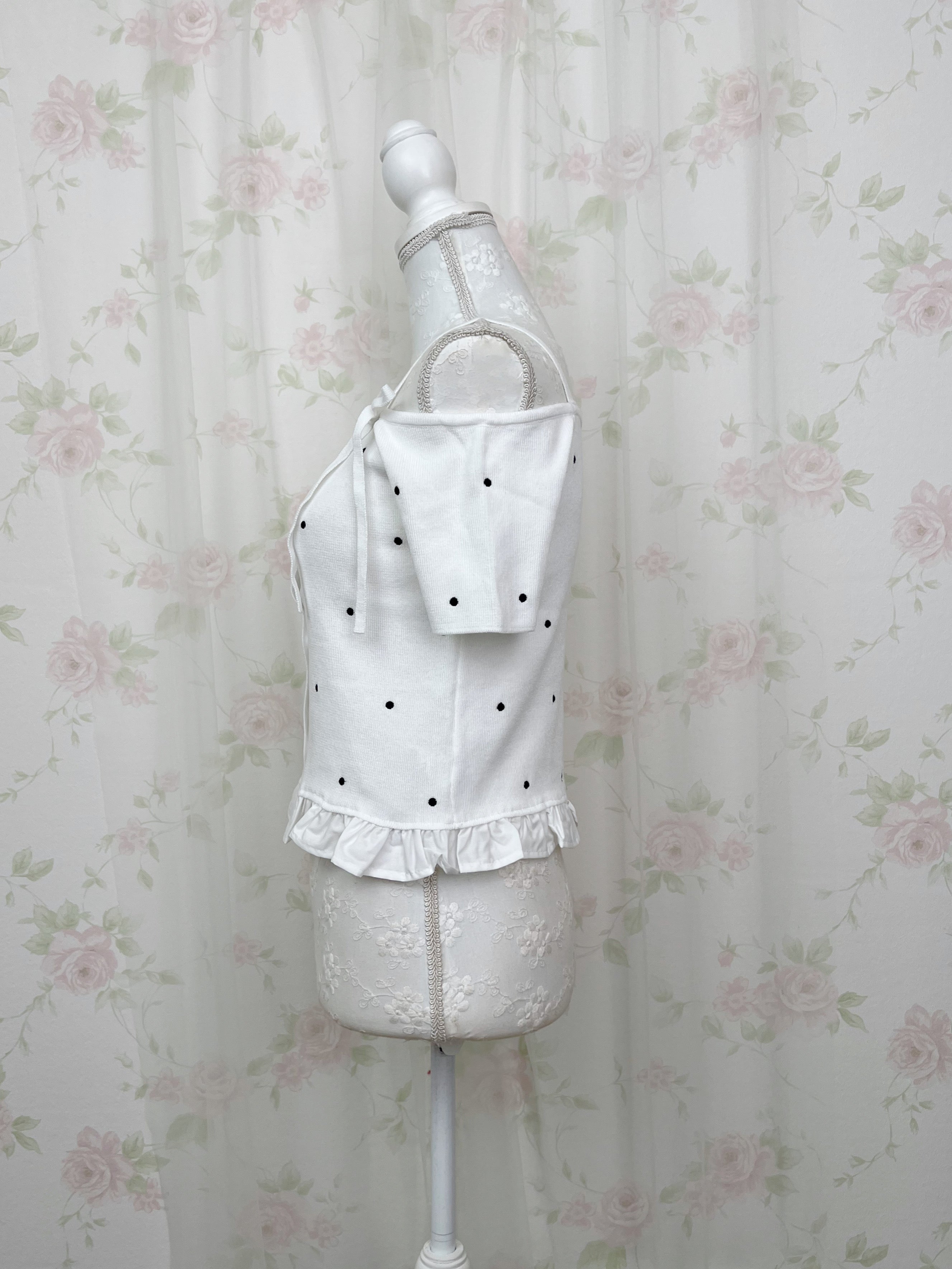 Off Shoulder Short Sleeved Polka Dot Top (White)