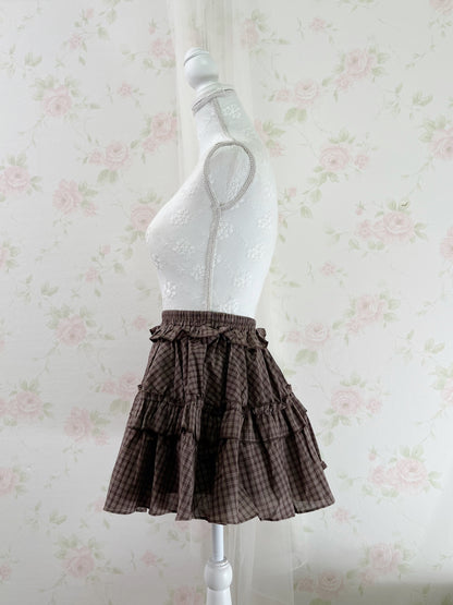 GRL Ruffled Hem Shoujo Checked Tiered Skirt (Chocolate)