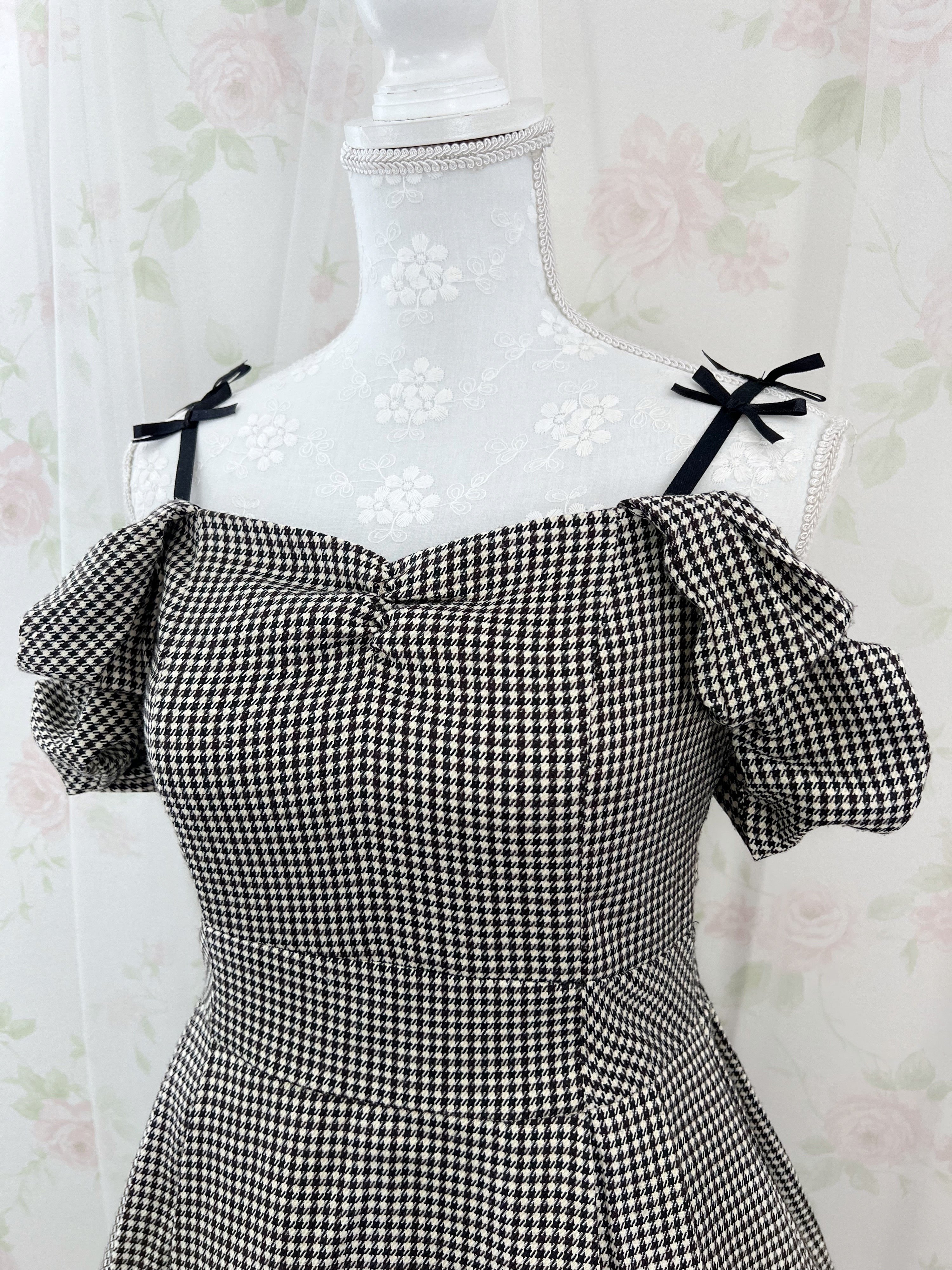 REDYAZEL Checked Off Shoulder Petite Bow Dress (Brown)