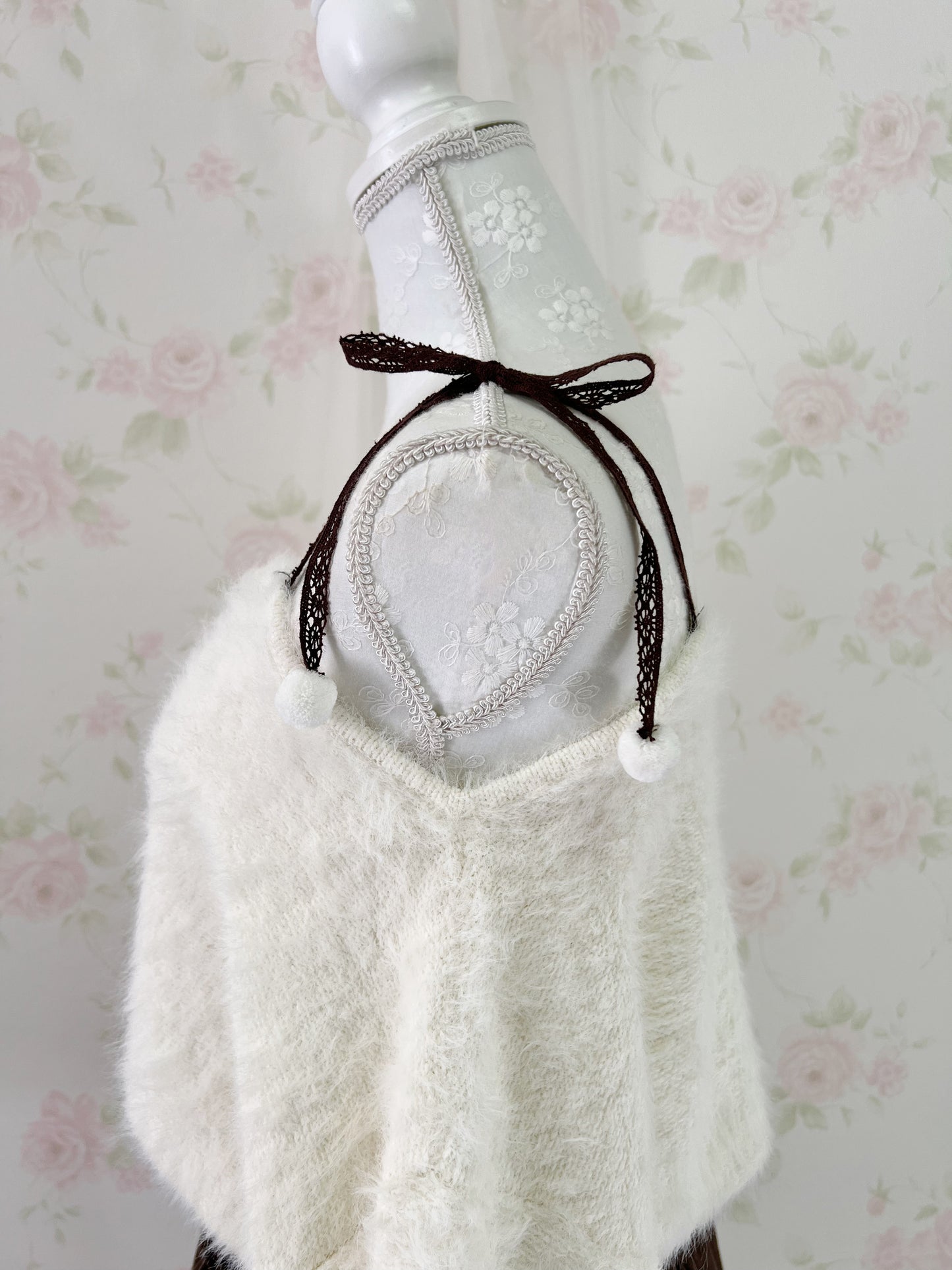 MultiPal Store Original Pom Pom Lace Strap Shaggy Sweater (Ivory)