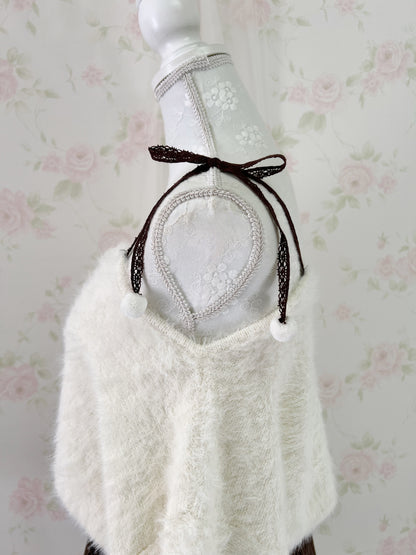 MultiPal Store Original Pom Pom Lace Strap Shaggy Sweater (Ivory)