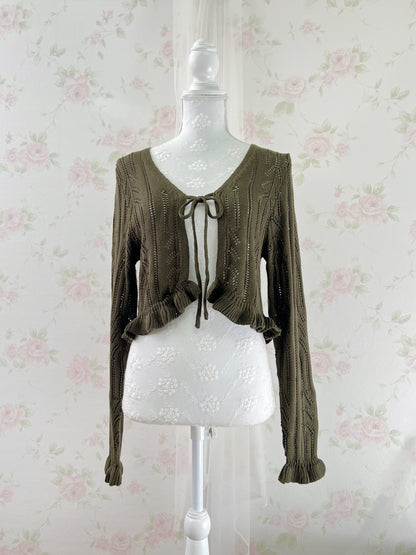 Y2K Double String Ruffled Hem Cardigan (Khaki)