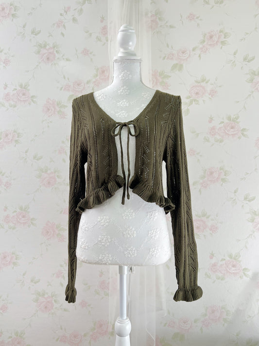 Y2K Double String Ruffled Hem Cardigan (Khaki)