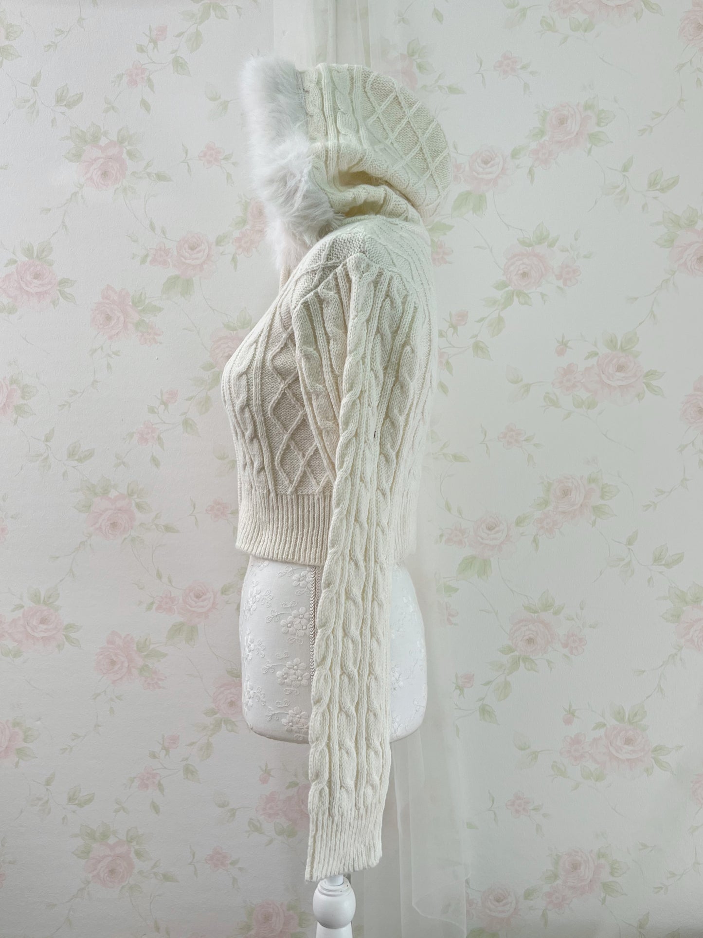 GRL Eco Fur Knitted Hoodie (Ivory)