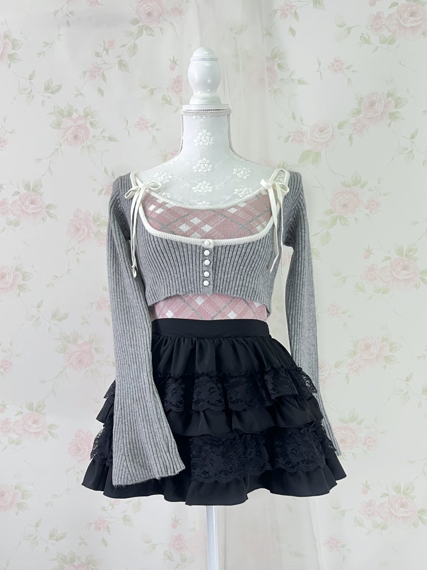 apres jour Short Knit Top & Camisole Set (Gray Pink)