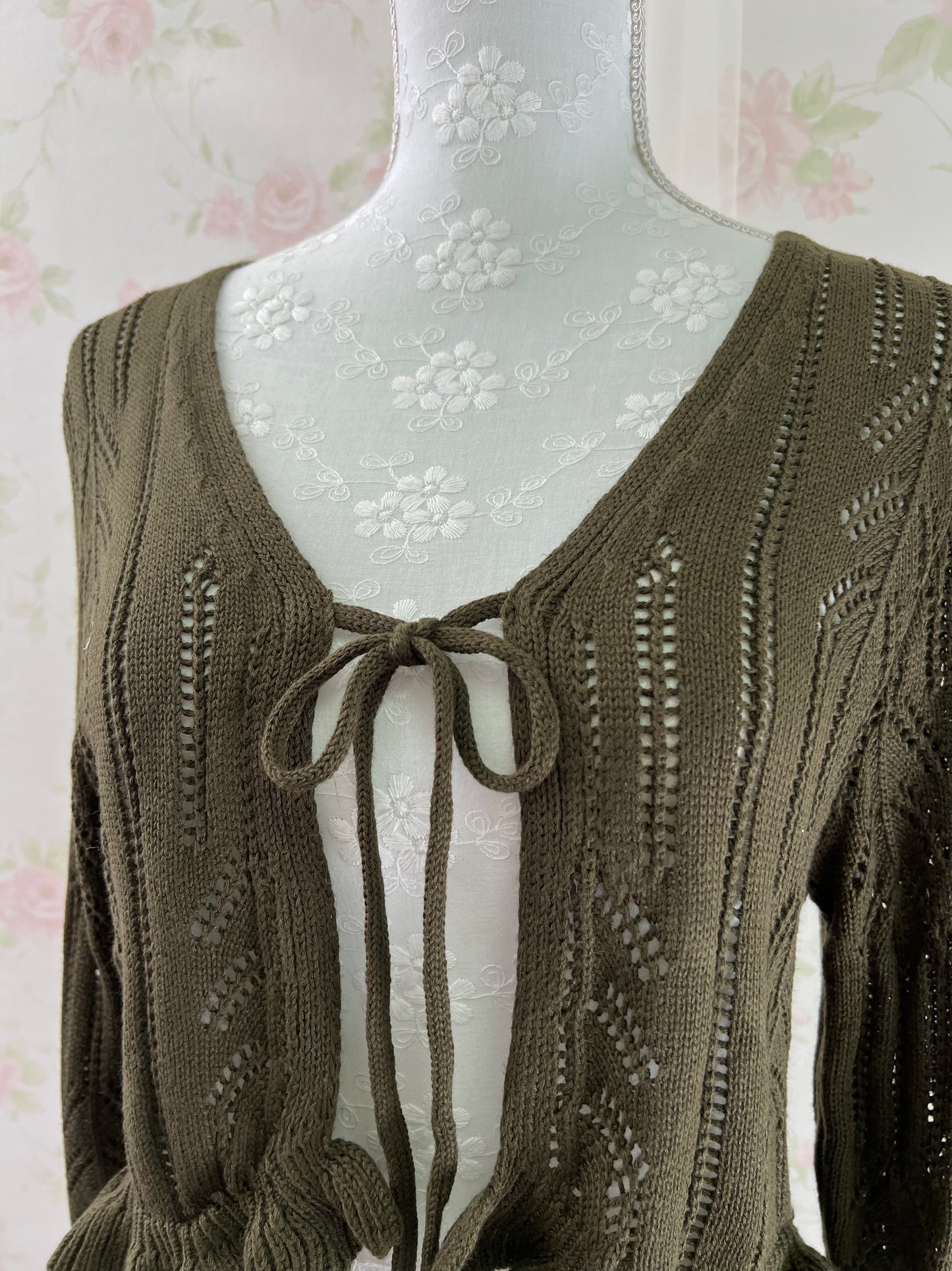 Y2K Double String Ruffled Hem Cardigan (Khaki)