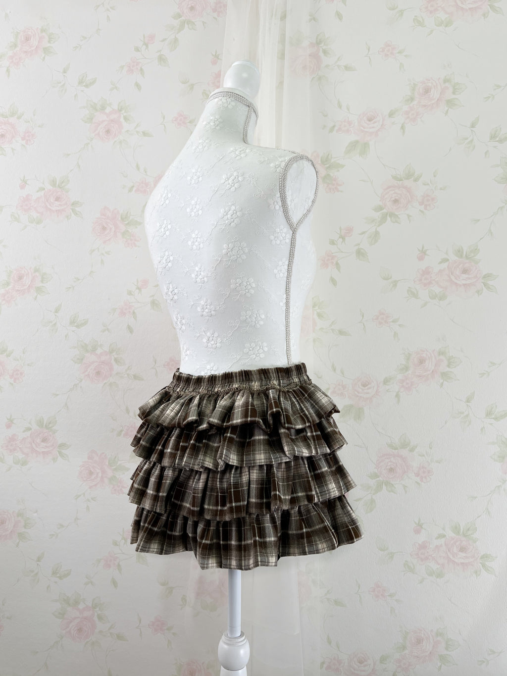 Tiered Checked Mini Skirt (Beige)