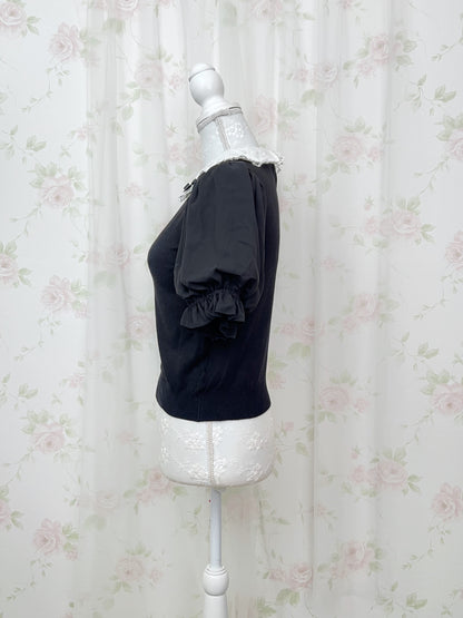 LODISPOTTO Cotton Lace Collar Puff Sleeve Top (Black)
