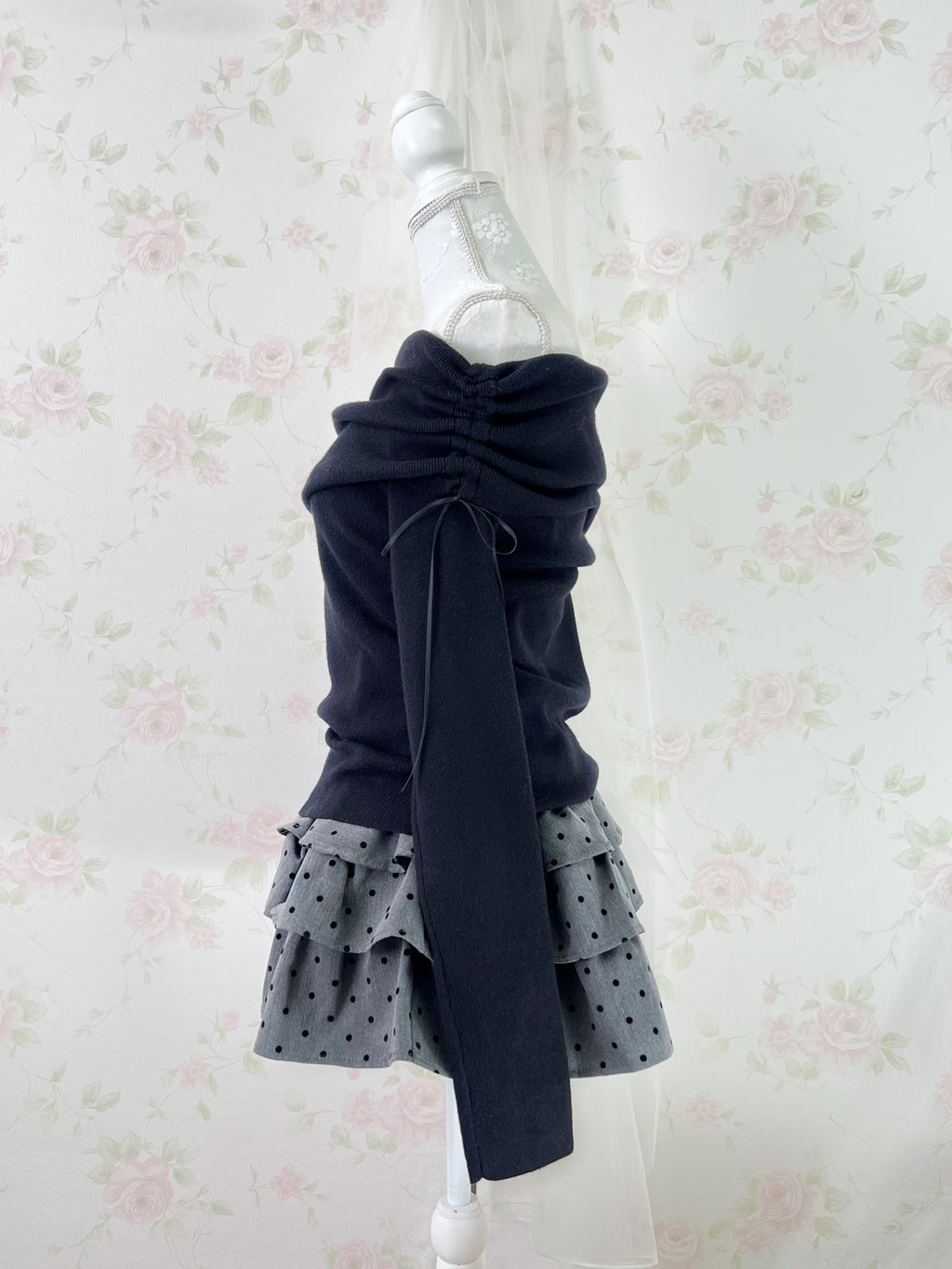 Polka Dot Tiered Skirt (Dark Gray)