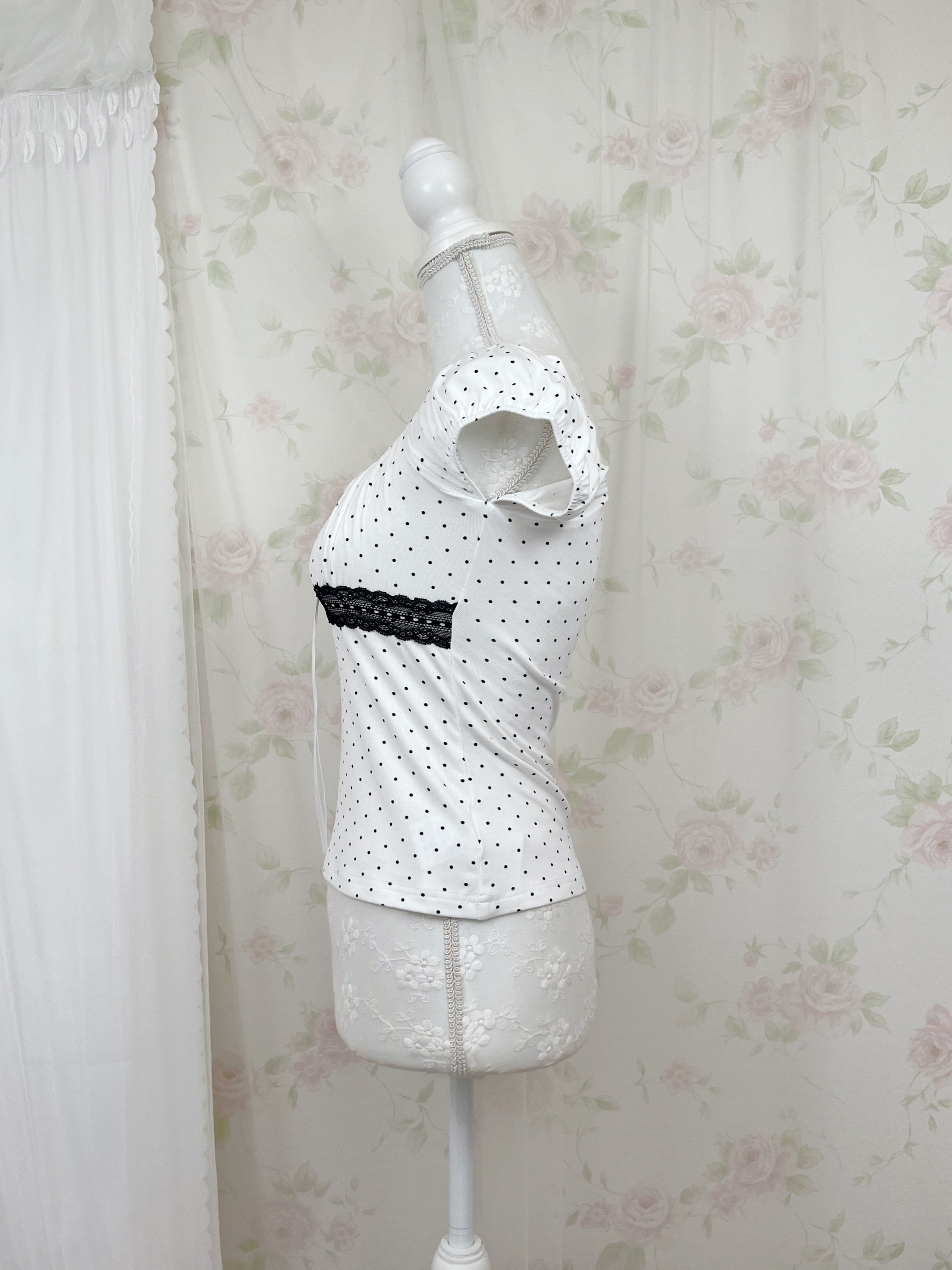 Polka dot Shoujo Gather Front T-shirt (White)