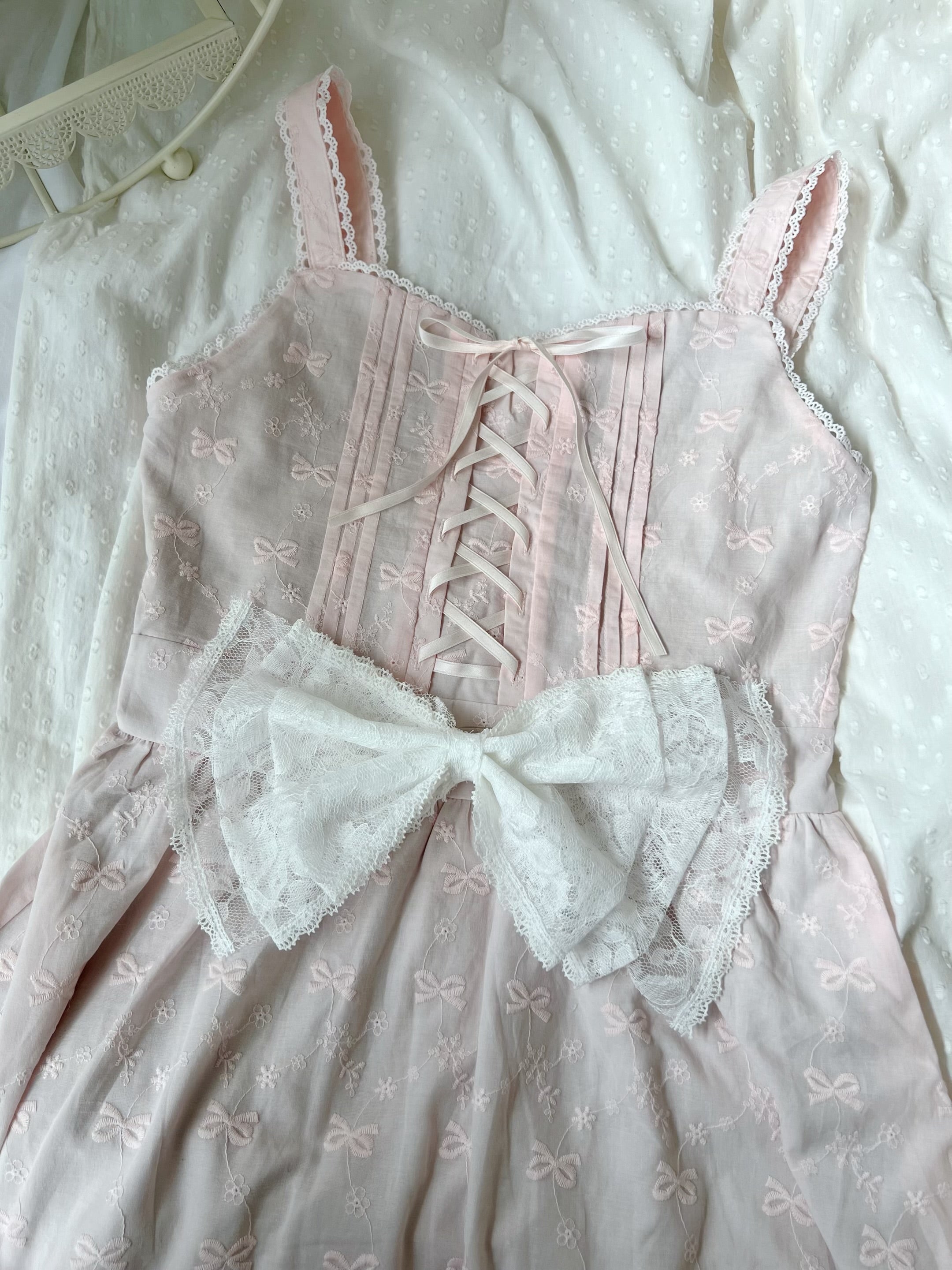 evelyn Ribbon Patterned Cotton Dress (Pink)