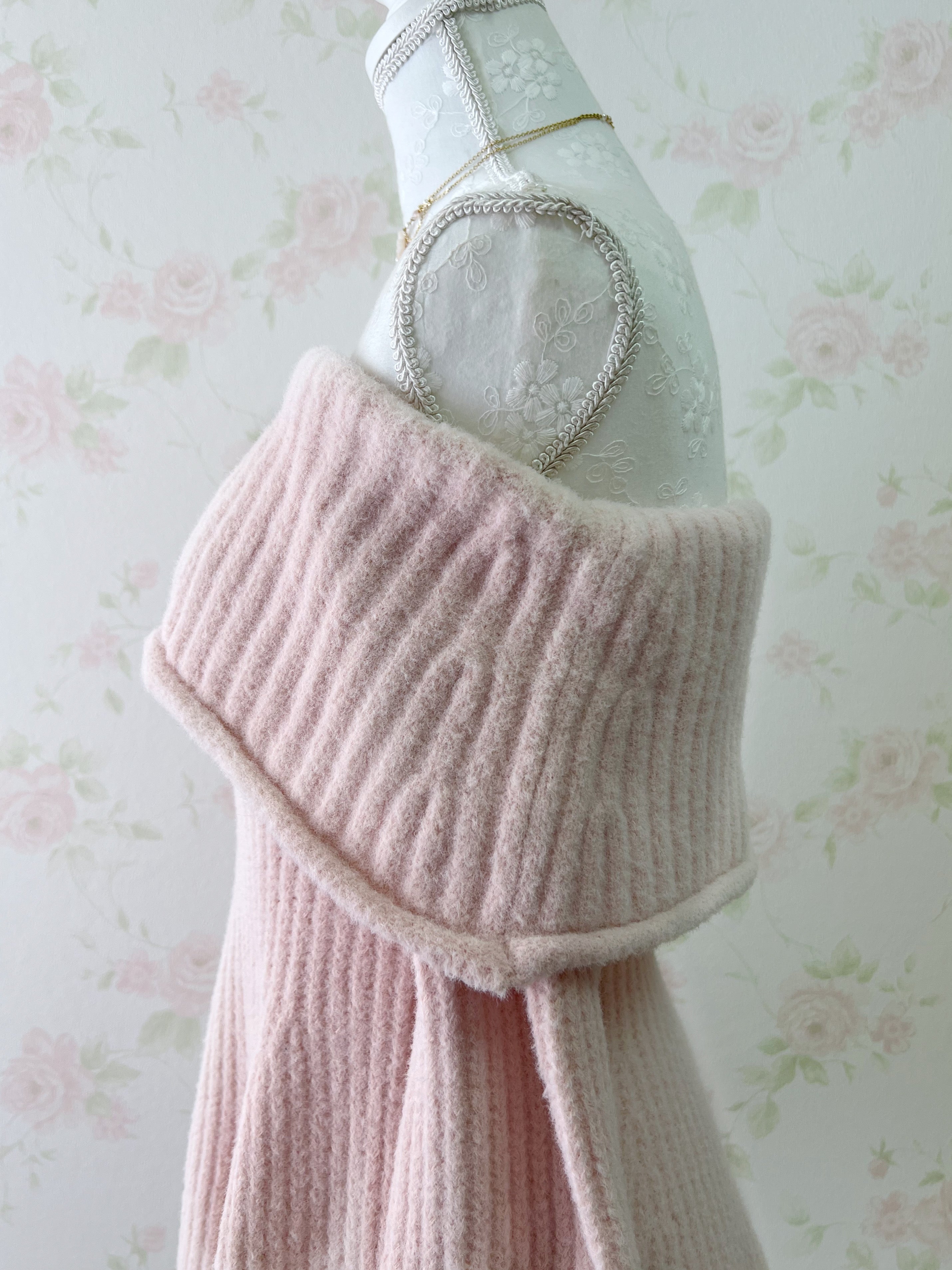 Off Shoulder Wide Sleeved Knit Top (Sakura Pink)