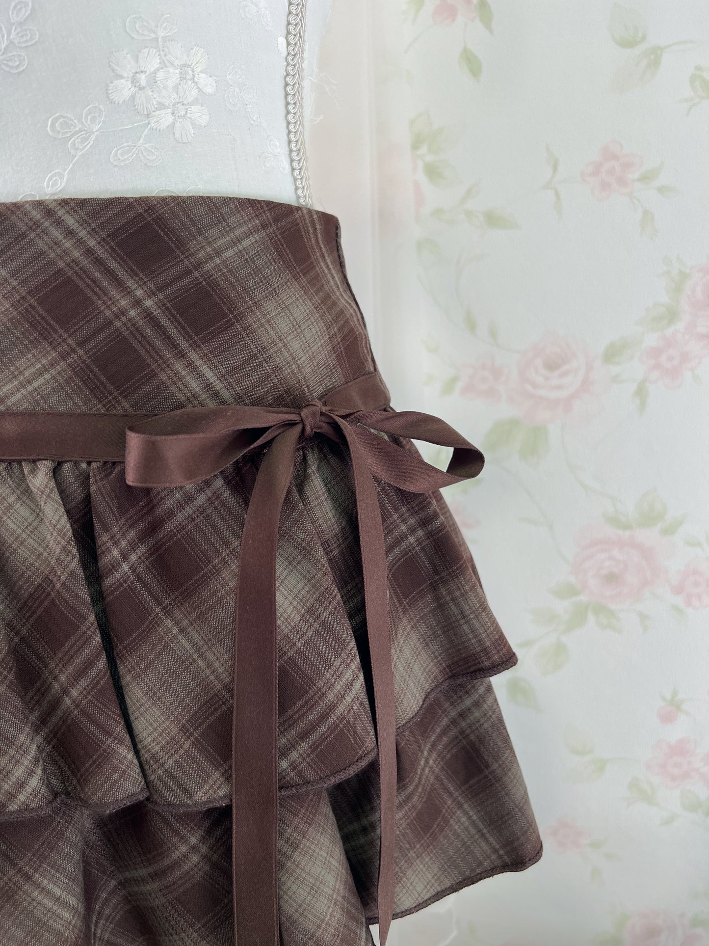 Side Bow Checked Shoujo Mini Skirt (Brown)