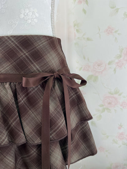 Side Bow Checked Shoujo Mini Skirt (Brown)
