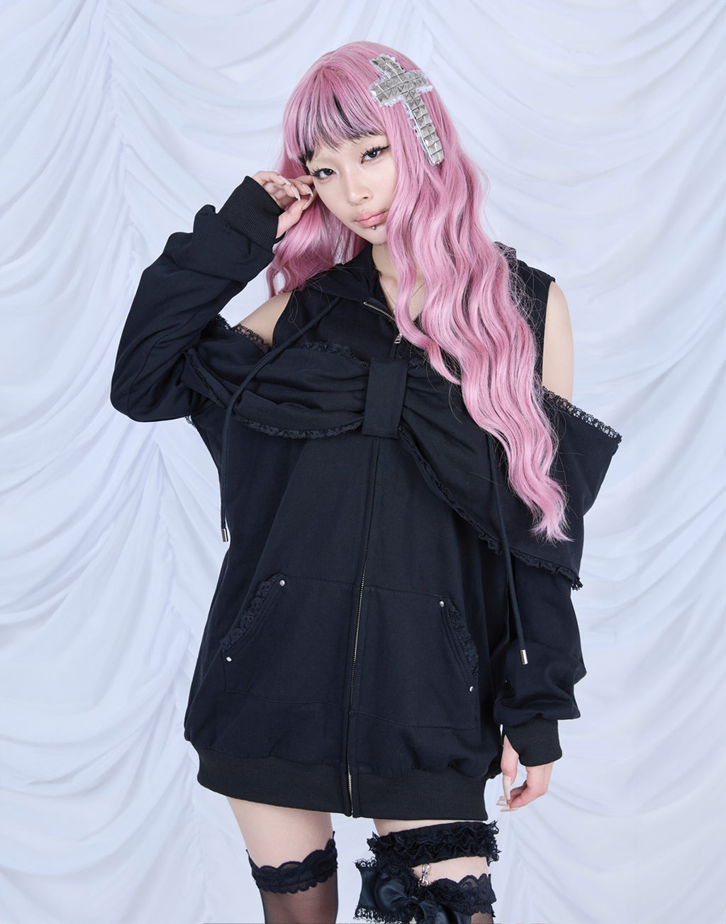 AVENCHUMU Ribbon shoulder zip hoodie oversize Dress