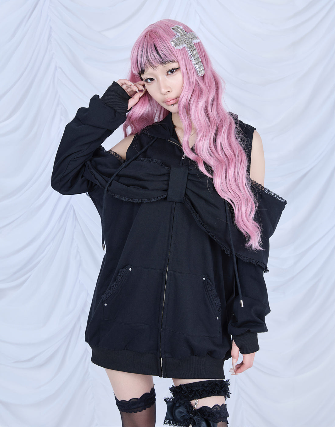 AVENCHUMU Ribbon shoulder zip hoodie oversize Dress