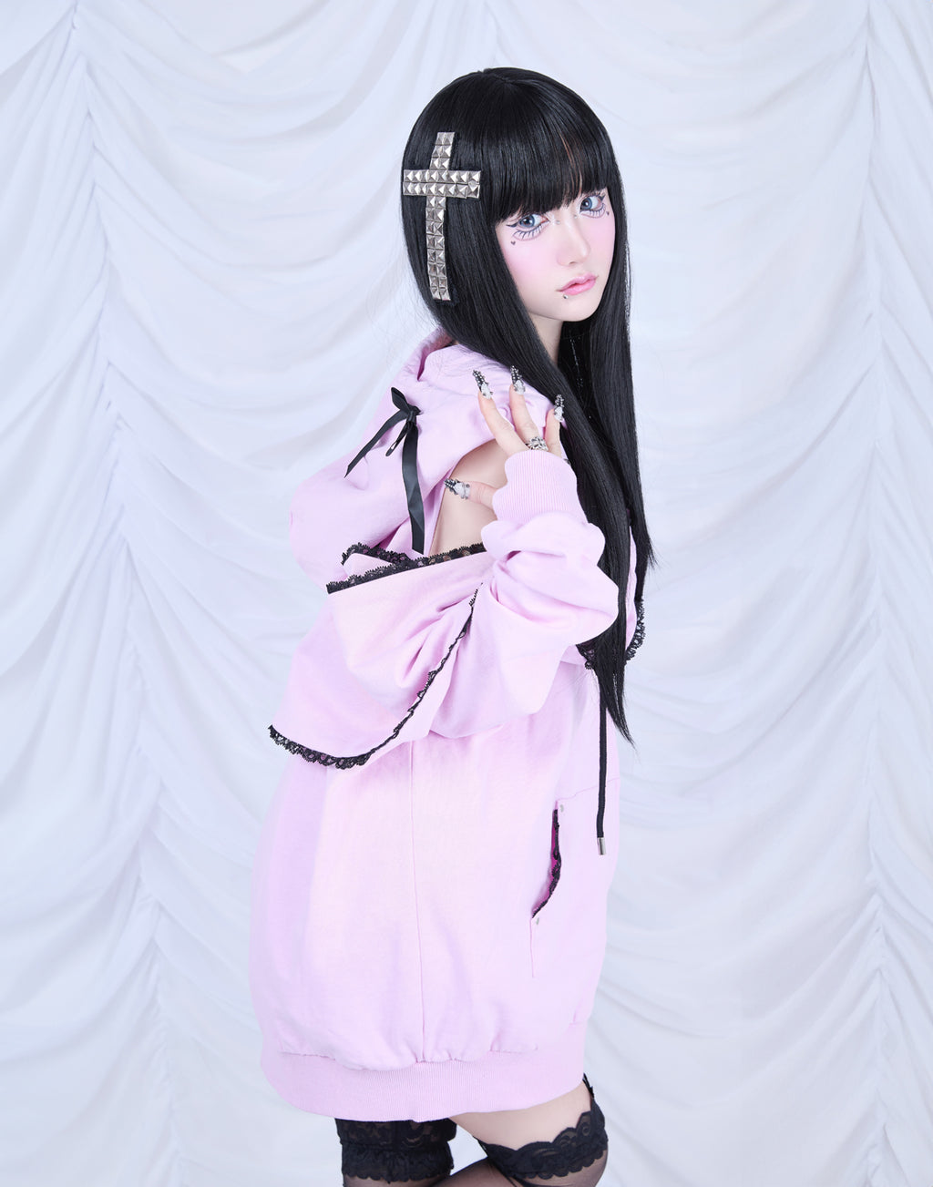 AVENCHUMU Ribbon shoulder zip hoodie oversize Dress