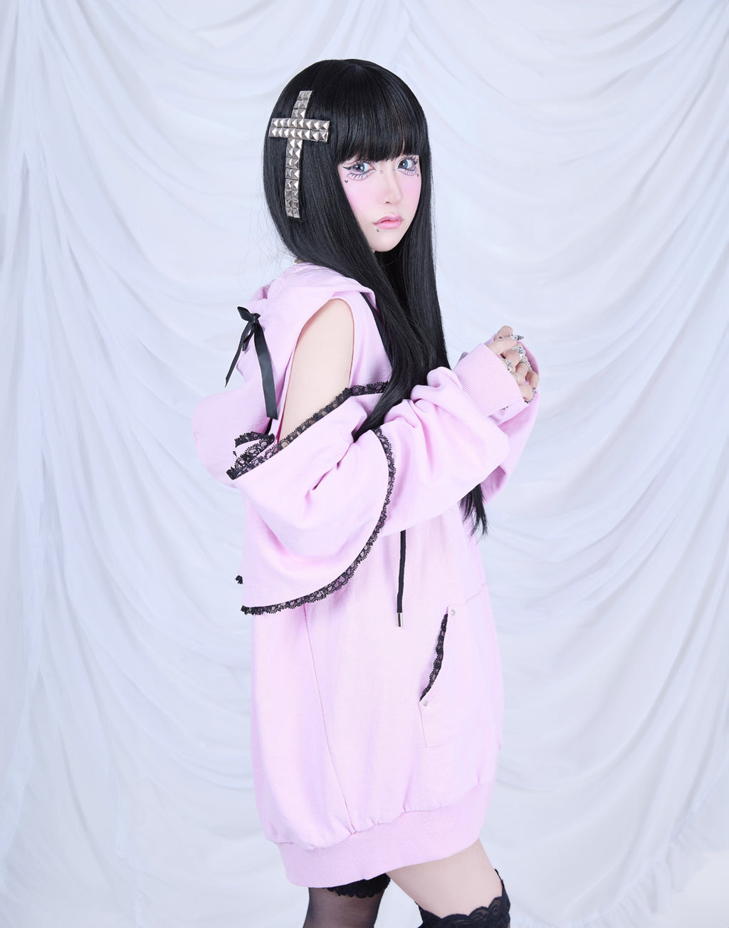 AVENCHUMU Ribbon shoulder zip hoodie oversize Dress