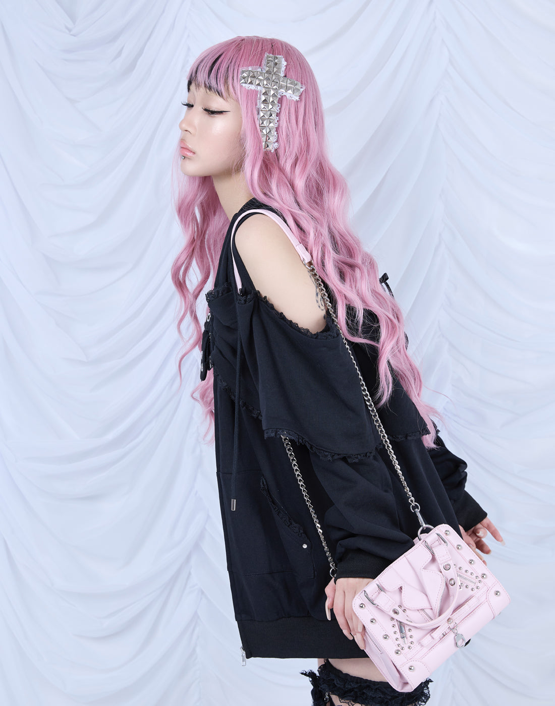 AVENCHUMU Ribbon shoulder zip hoodie oversize Dress