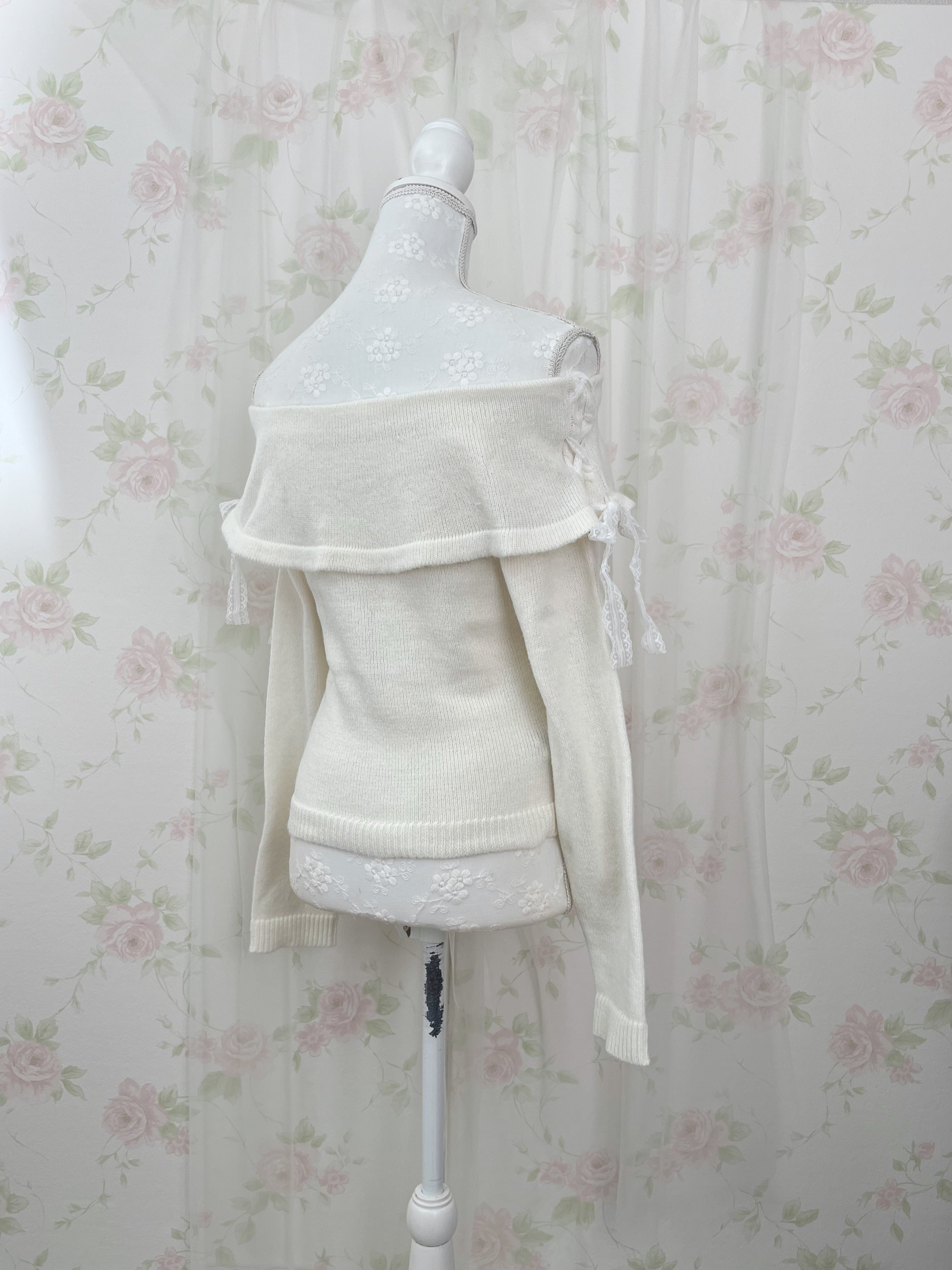 Side Laced Up Off Shoulder Sweater (Ivory)