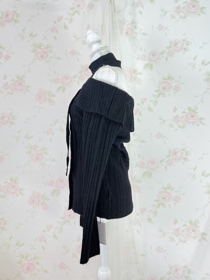 Off Shoulder Button Up Knit Top (Black)