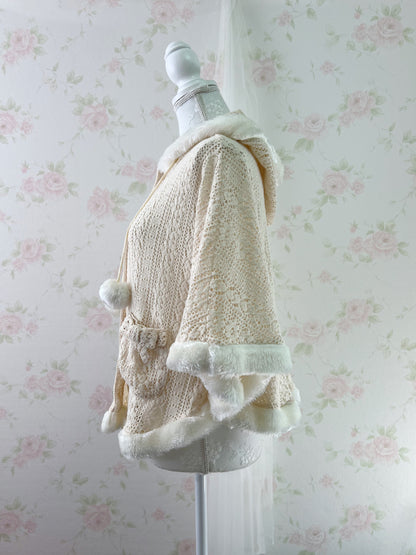 Ribbon Pocket Pom Pom Poncho (Beige)