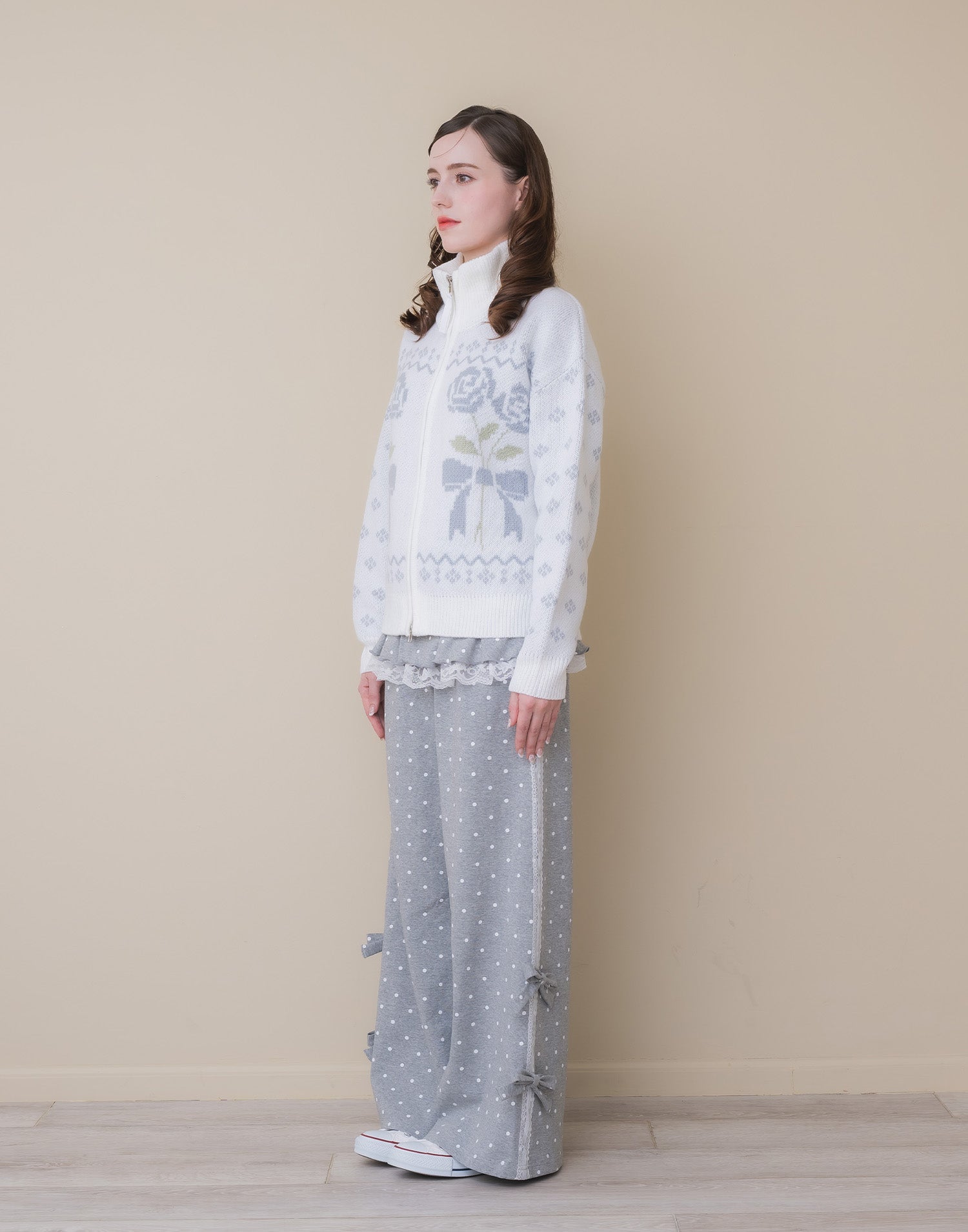 Lolime ribbon & floral cowichan knit zip up