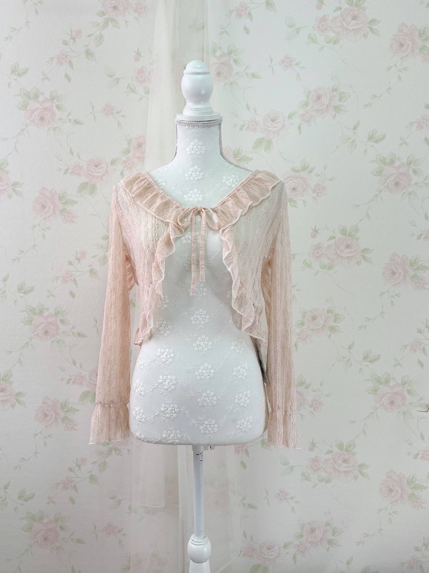 Floral Lace Ruffled Cardigan (Peach Pink)