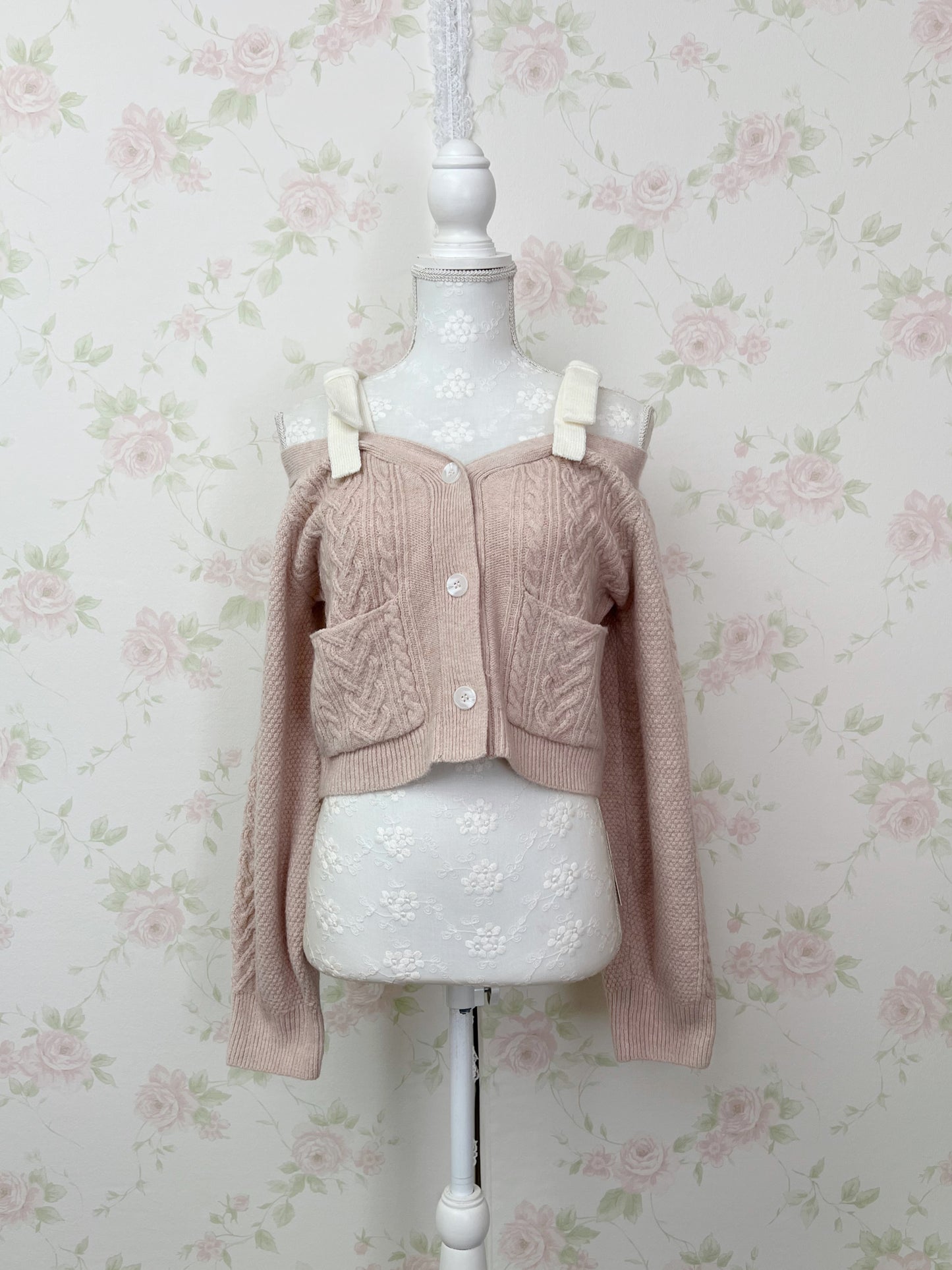 Ribbon 2 Way Shoulder Cardigan (Pink)